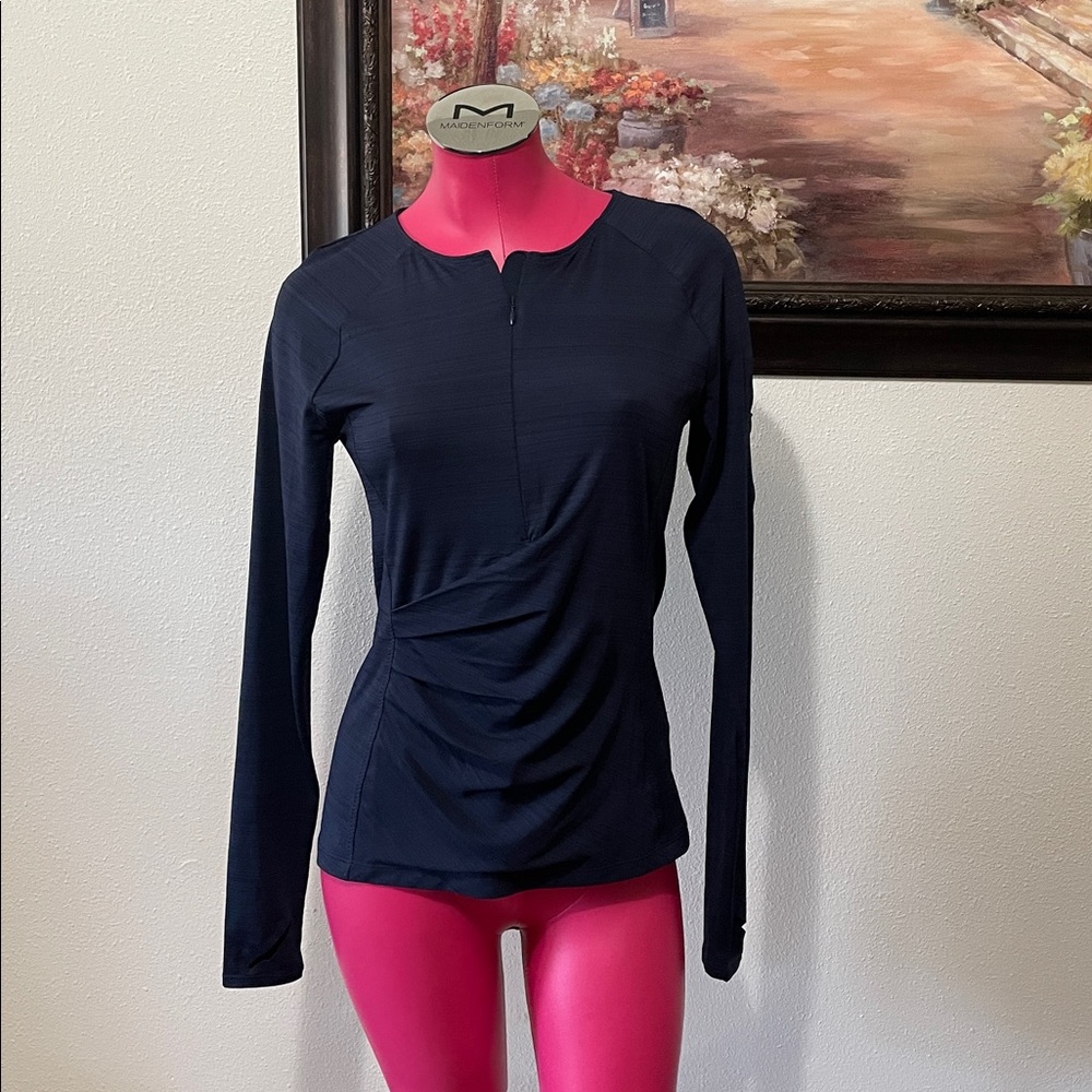 Athleta Pacifica Wrap Front Shirt Navy Blue Women's Size Medium Swim Surf Pocket